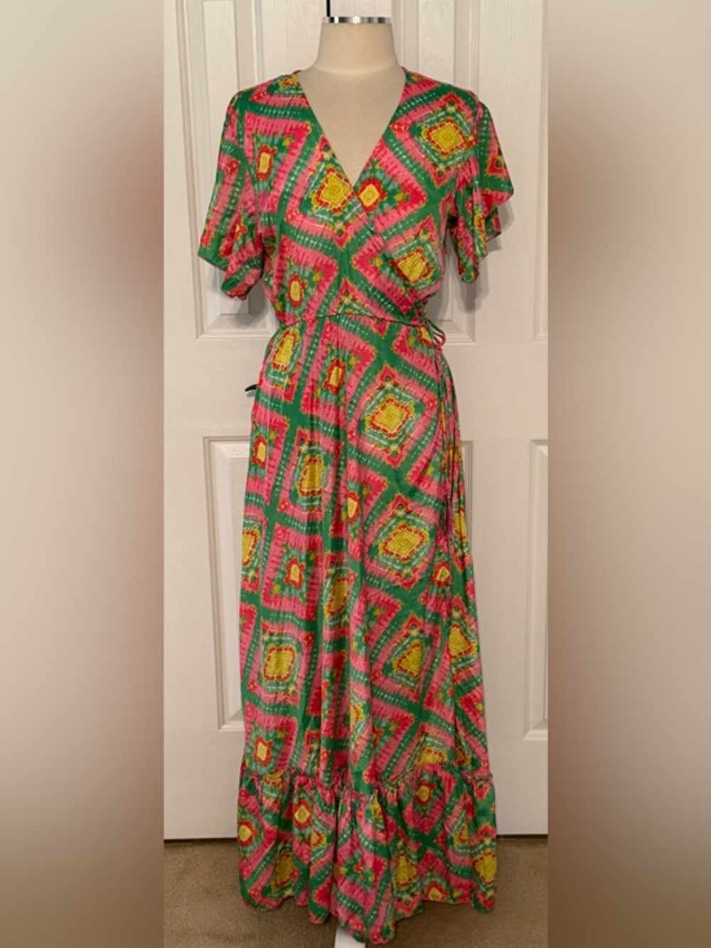 Dubai Boho Wrap Maxi Dress NWOT Free Size Fits L XL Pink Green Tassel Belt